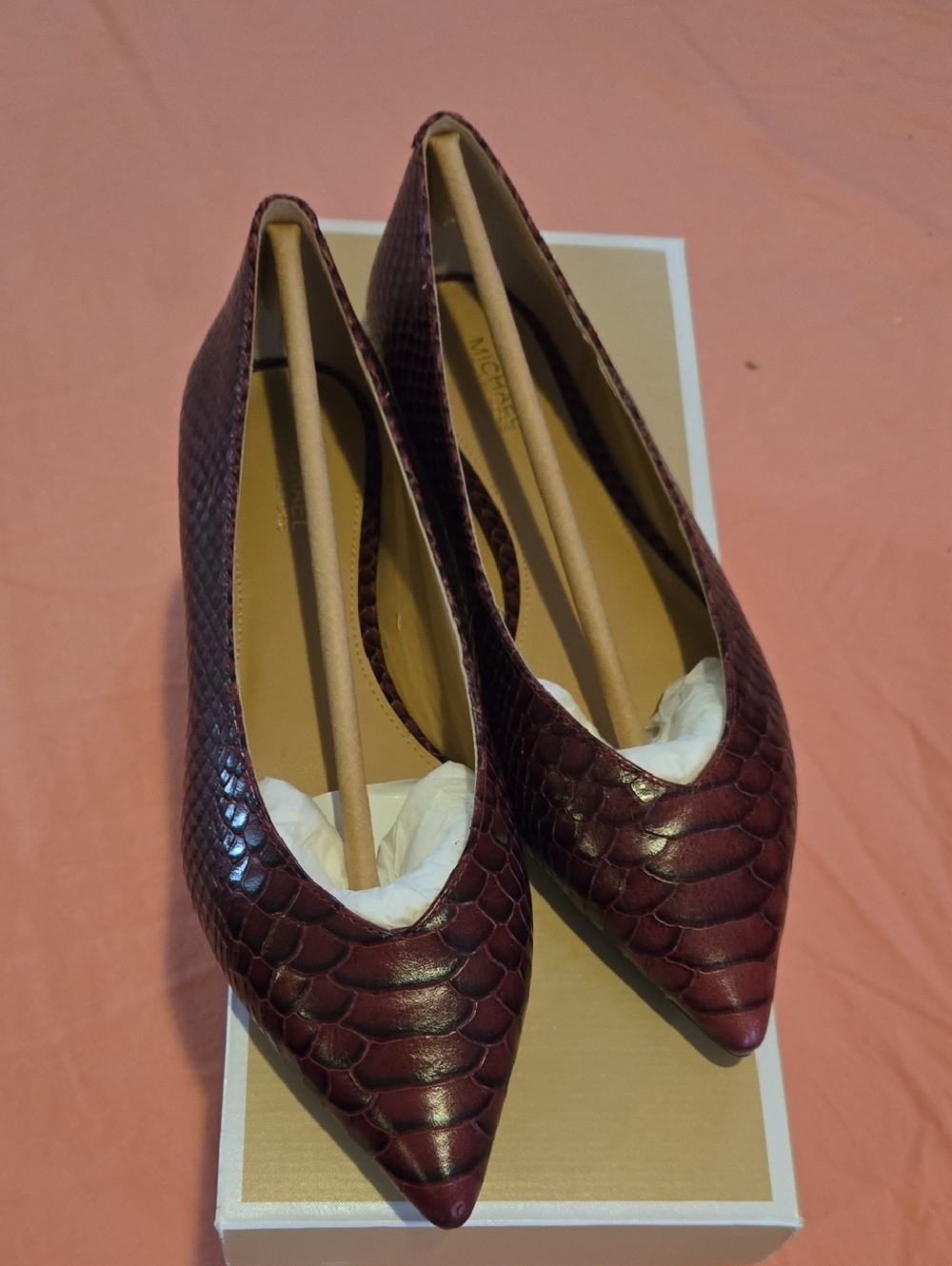 MICHAEL Michael Kors Women's Burgundy Snake-Embossed Pointed-Toe Flats